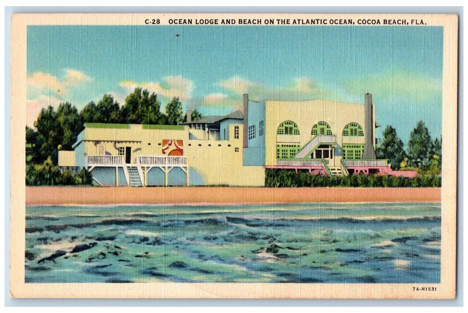 c1940's Ocean Lodge & Beach On Atlantic Ocean Building Cocoa Florida FL Postcard