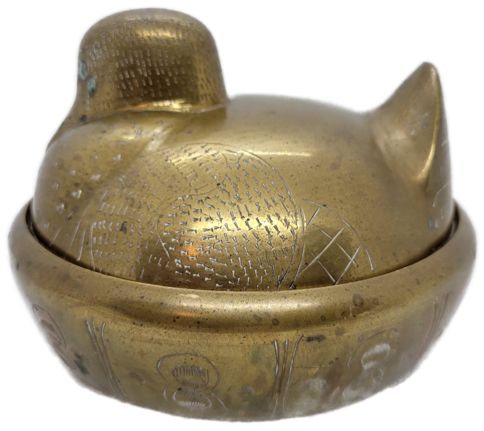 Vintage Hand Etched Brass Bird Shape Lidded Bowl