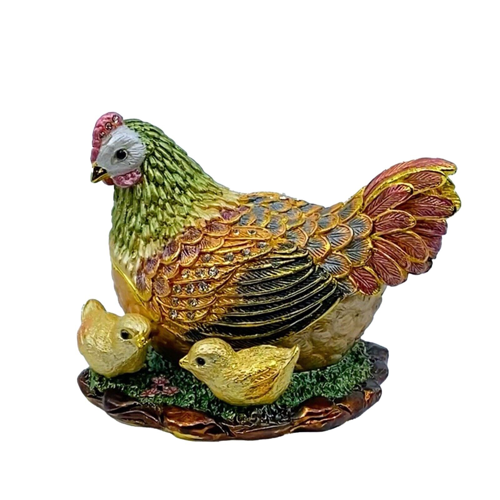 Kubla Craft Bejeweled Enameled Trinket Box: Large Hen with Chick Box, Item# 4034