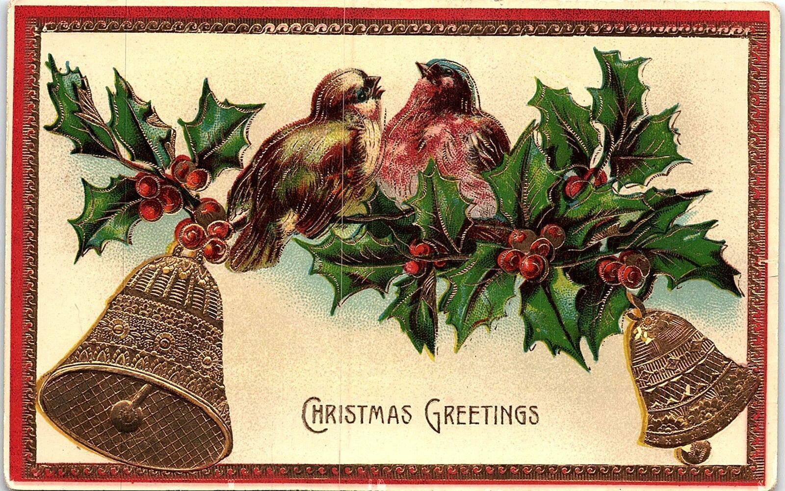1913 CHRISTMAS GREETINGS BIRDS GILDED BELLS KENNESAW NE EMBOSSED POSTCARD 39-239