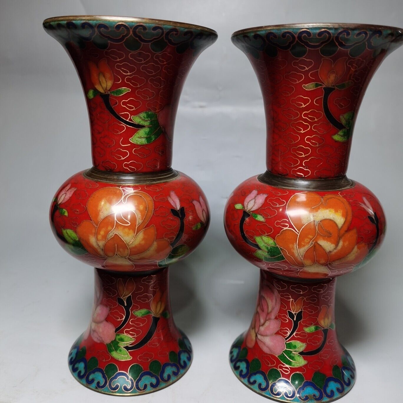 Exquisite noble Decor copper Cloisonne enamel lotus flower bottle pair red vase