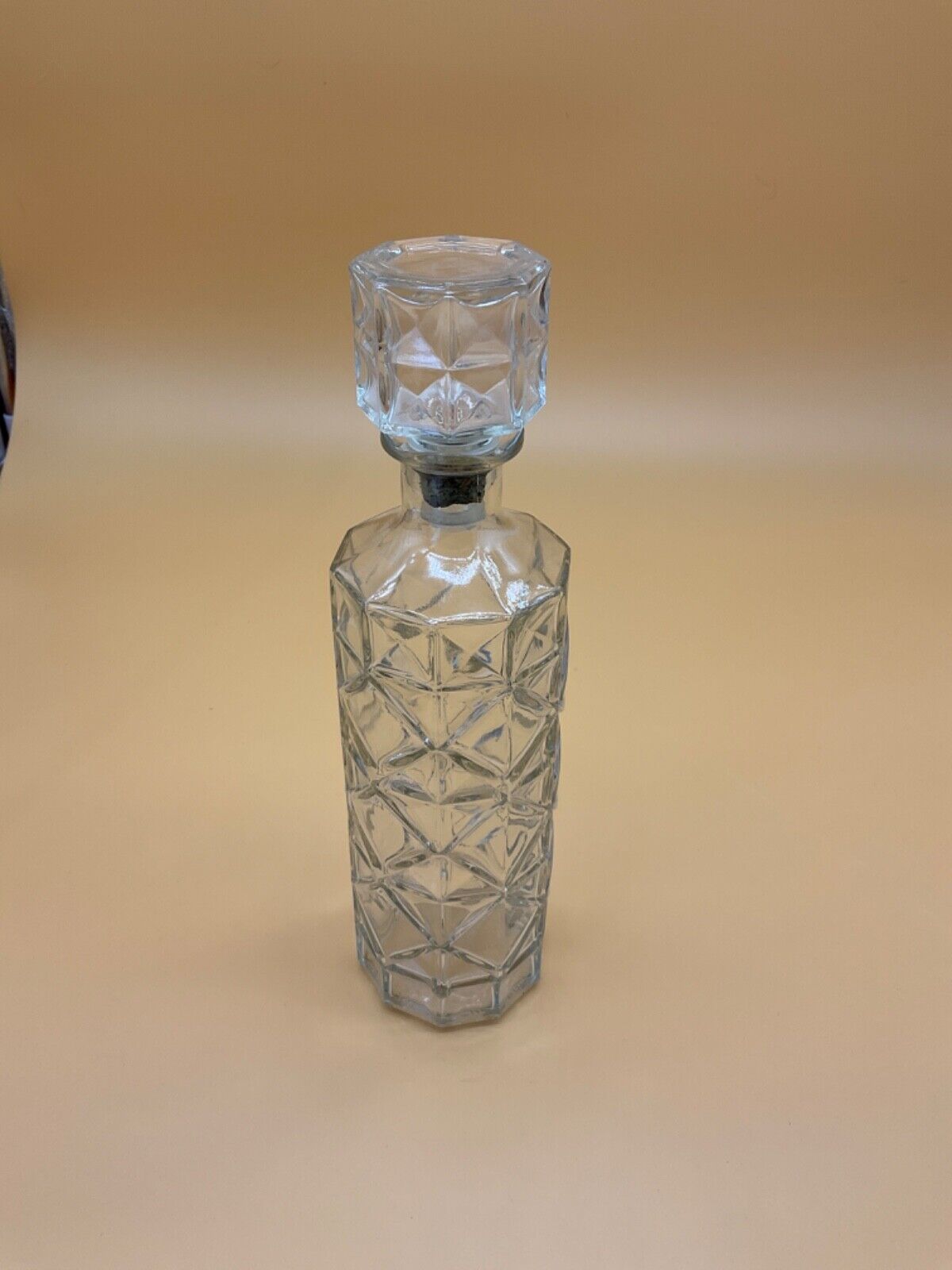 Vintage Iridescent Diamond Pressed Glass Booze Liquor Bottle 9.75\