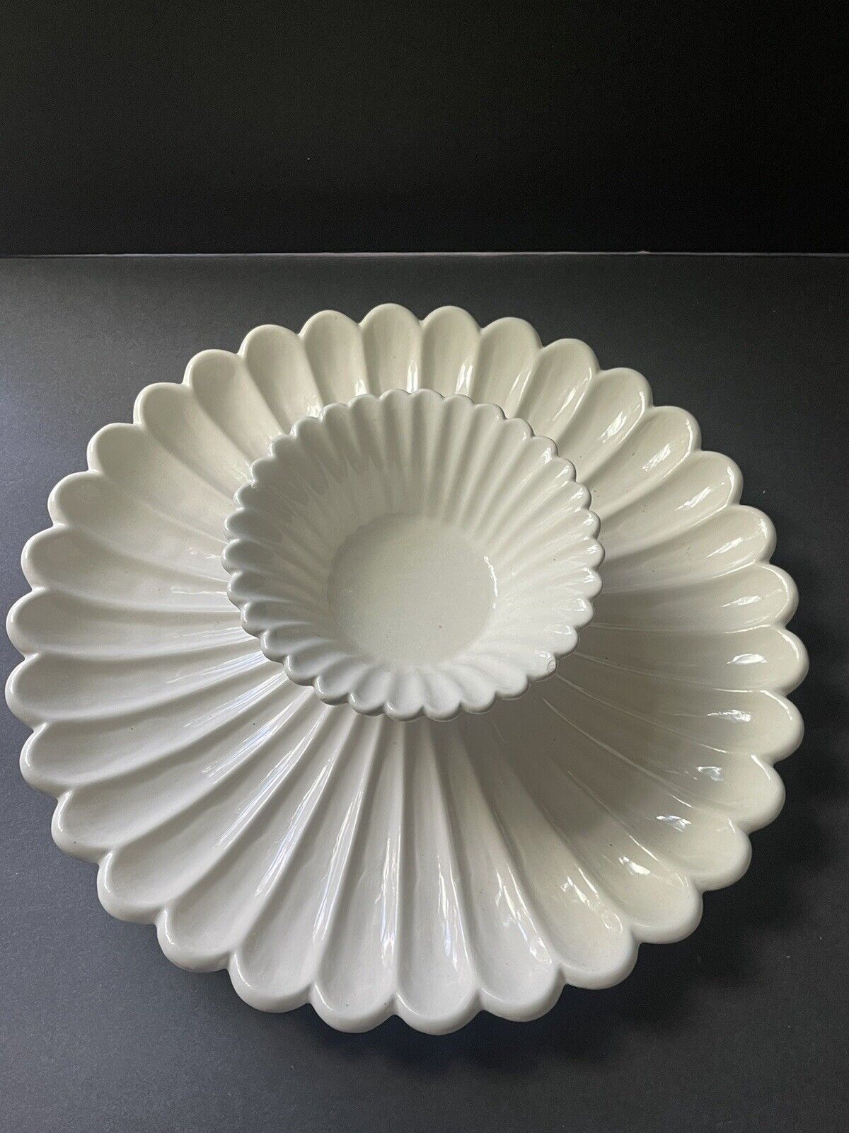 Vintage Fluted Charcuterie Serving Tray Chip Dip Retro White Ceramic (2) Piece