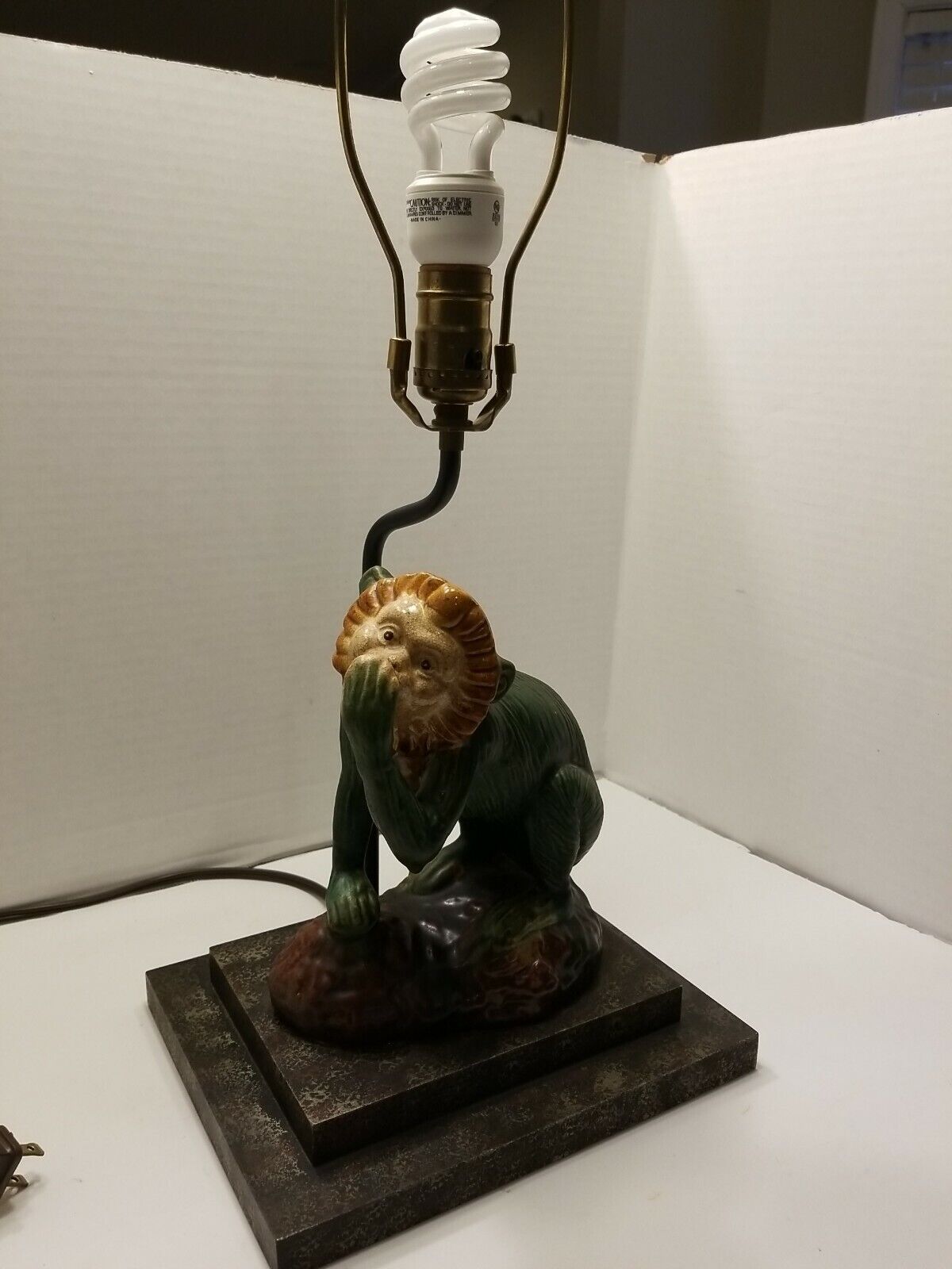 Vintage Majolica Monkey-Speak No Evil Desk Table Lamp