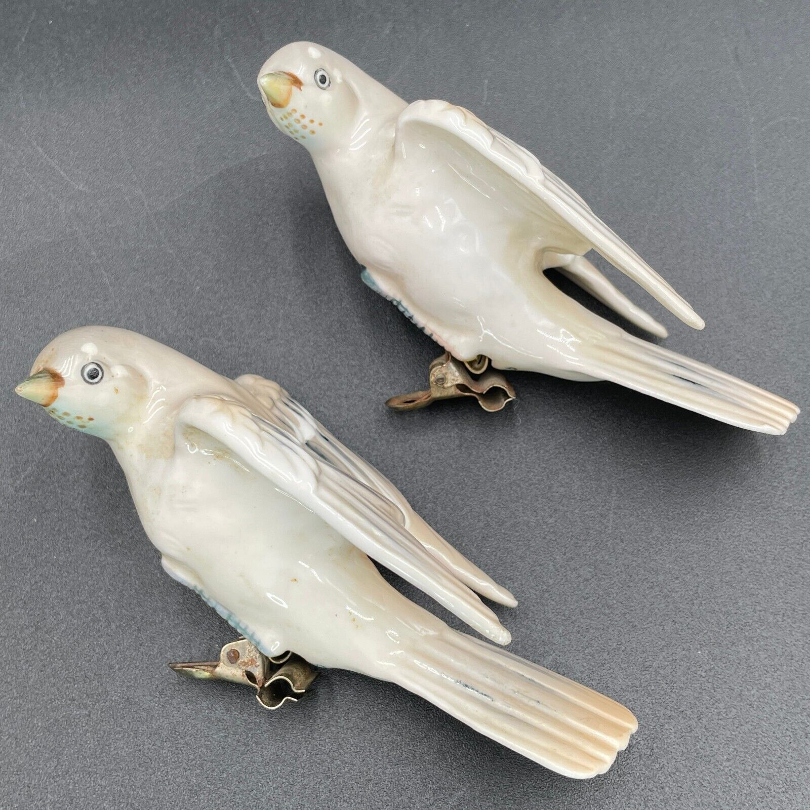 2 Vintage Hand Painted Porcelain Birds w/ Metal Clip-on Ornament Dove RARE