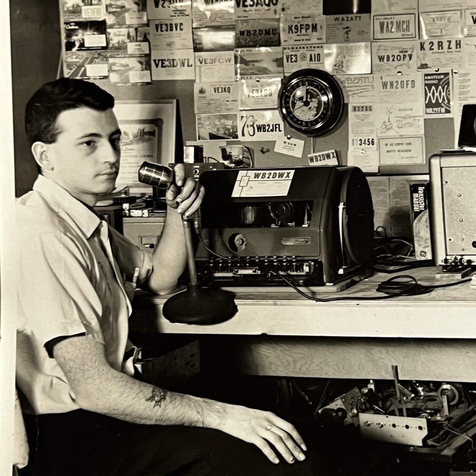 Vintage B&W Snapshot Photograph Handsome Man Ham Radio Niagara Falls NY ID Jones