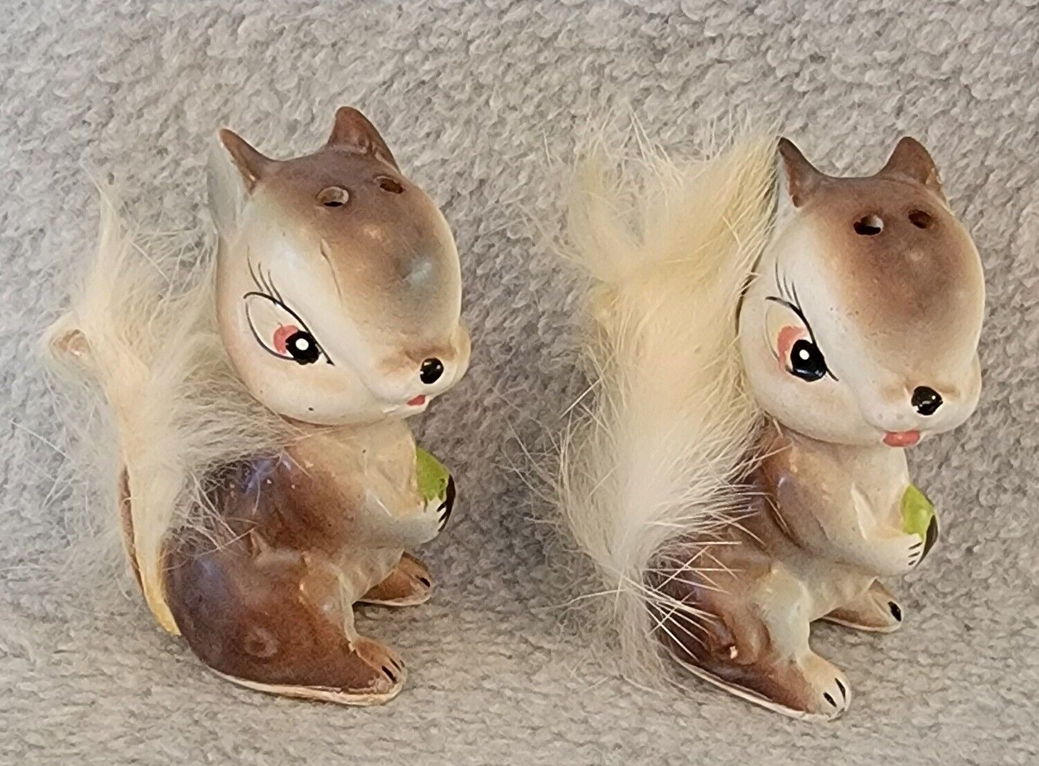Vintage Enesco Squirrel with Rabbit Fur Tails Salt and Pepper Set Made in Japan