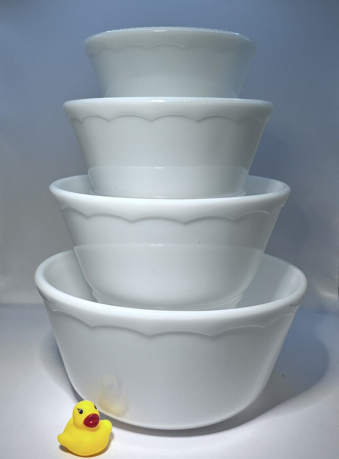 Vintage Hazel Atlas Glass  White Mixing Bowl Set of 4 Scalloped Edge