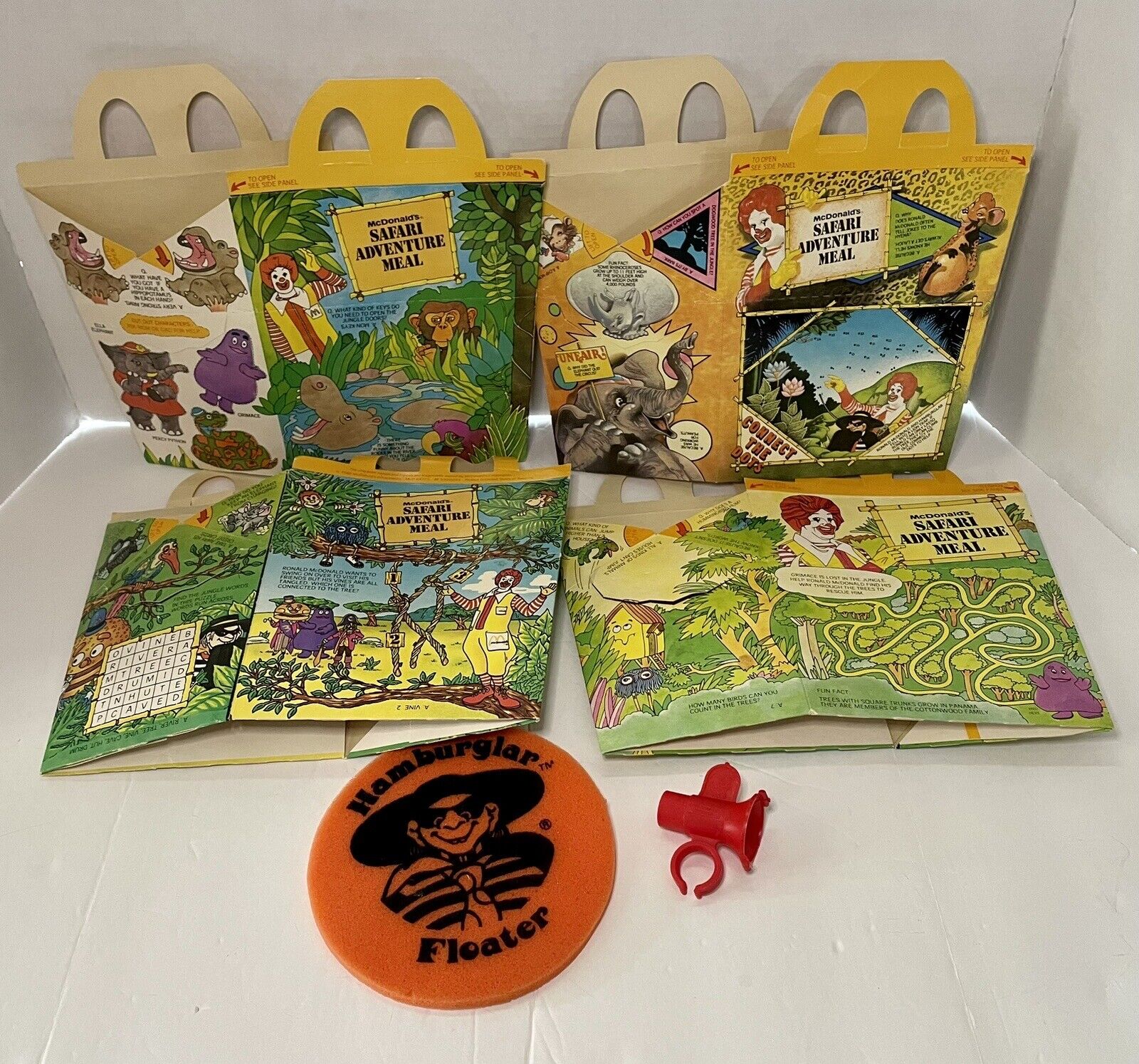 1980 McDonald\'s Happy Meal Boxes 4, Safari Adventure Meal, Ronald Whistle Ring