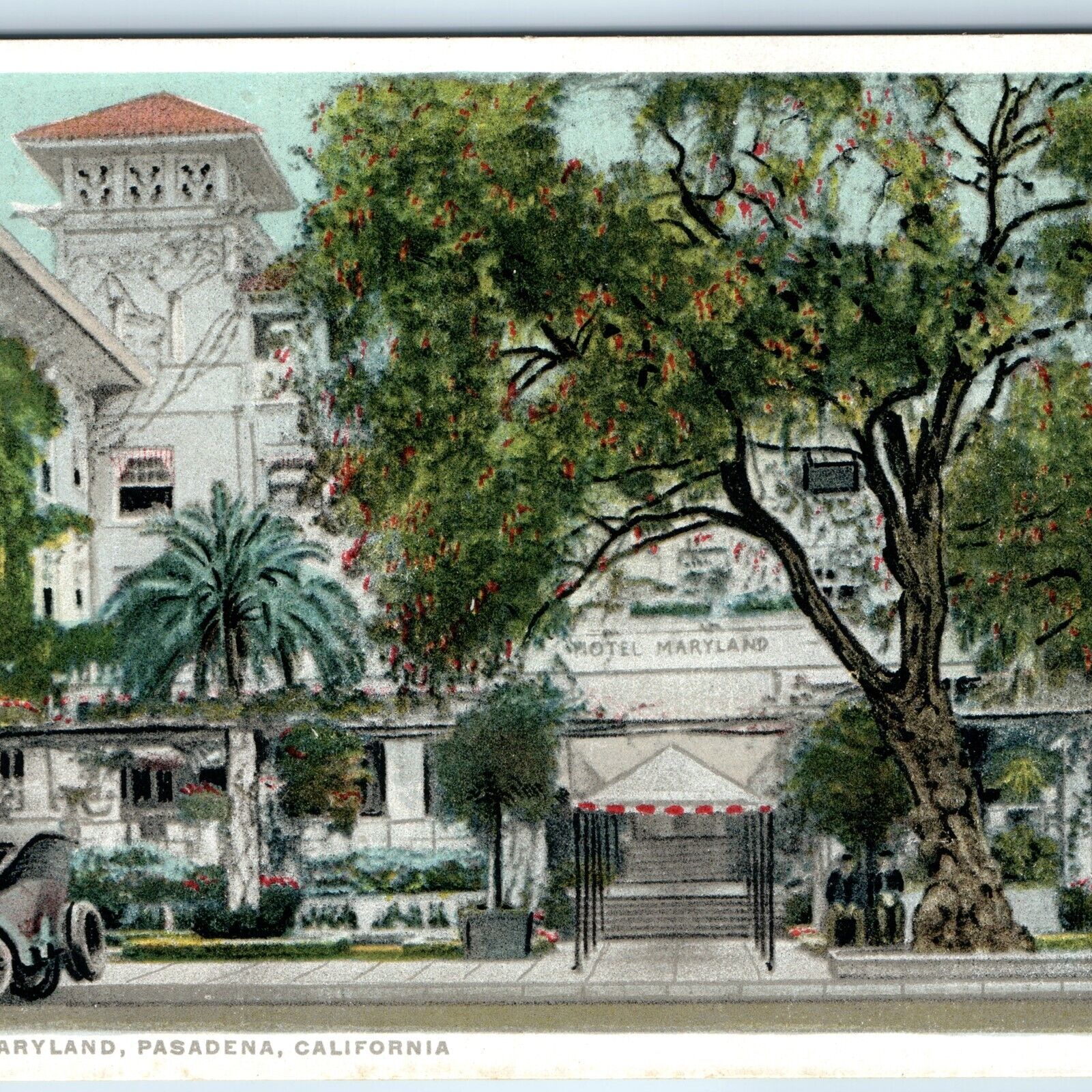 c1910s Pasadena, Cali. Hotel Maryland Roadside Touring Car Entrance Tree PC A242