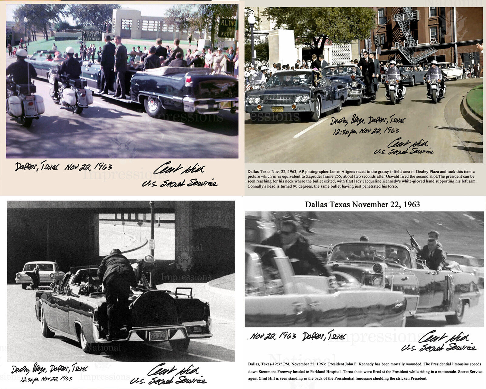 Set of 4 John F Kennedy assassination Dealy Plaza Clint Hill Signed 8x10 REPRINT