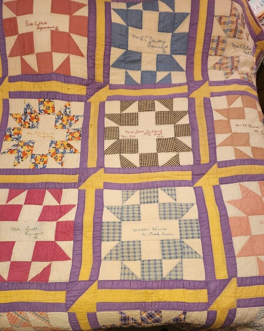 Hand Crafted QUILT  Nine Patch  SIGNED Dated 1936 TEXAS & LA CRAFTERS 68x90 