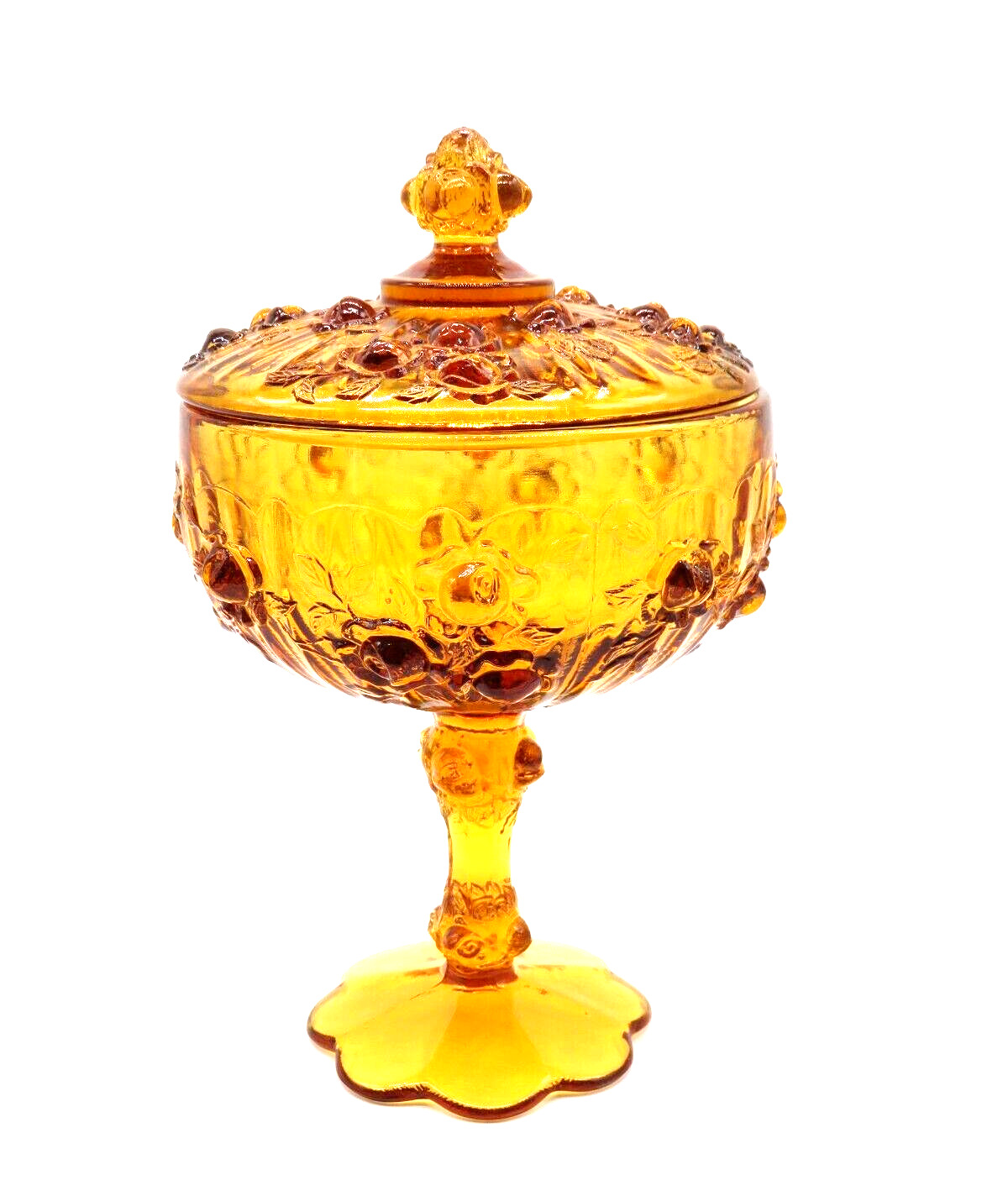 VTG Fenton Pedestal Covered Candy Dish In amber glass Cabbage Rose pattern