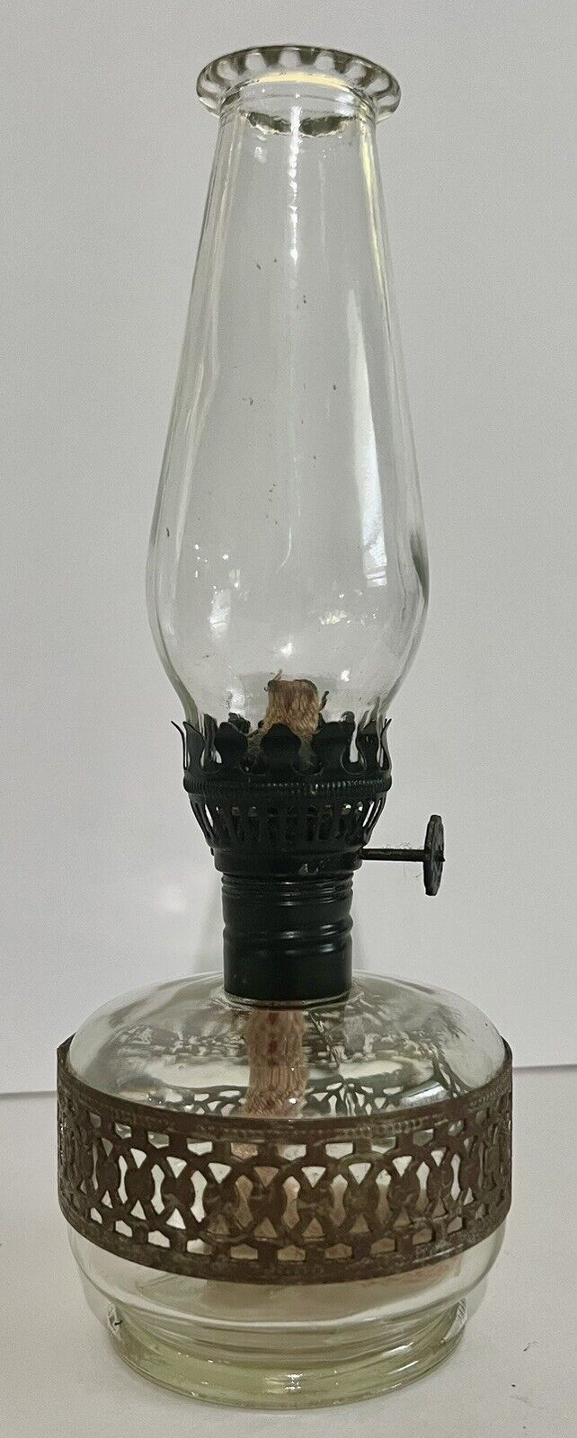 VTG Miniature Glass Oil Lamp Decorative Metal Band Lamplight Farms GrannyCore 8”