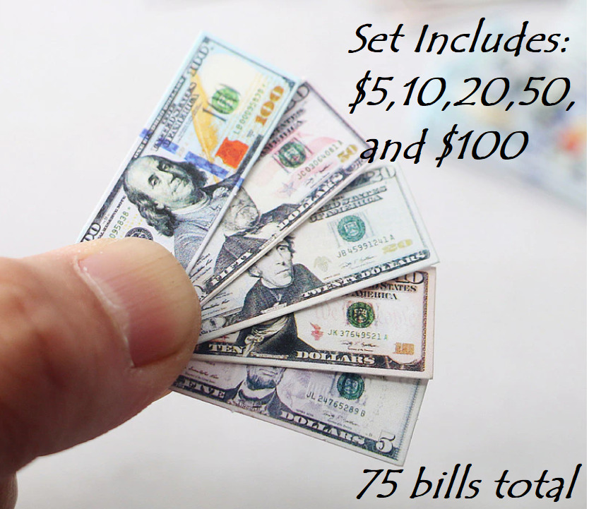 Dollhouse Miniature Replica Paper Money, 5 stacks (75 bills)