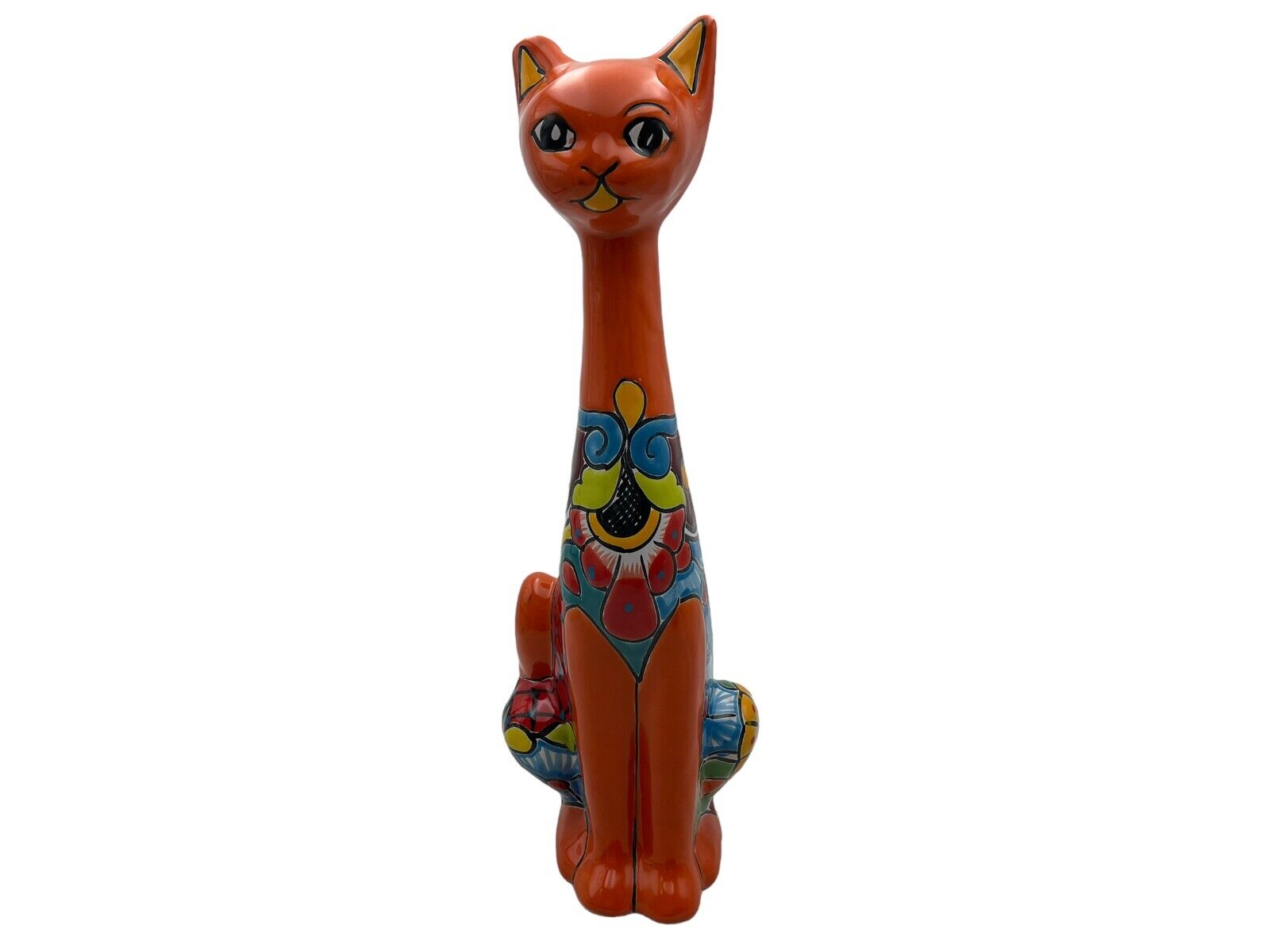 Tall Cat Long Neck Cute Folk Art Mexican Pottery Multicolor Home Decor 19.5