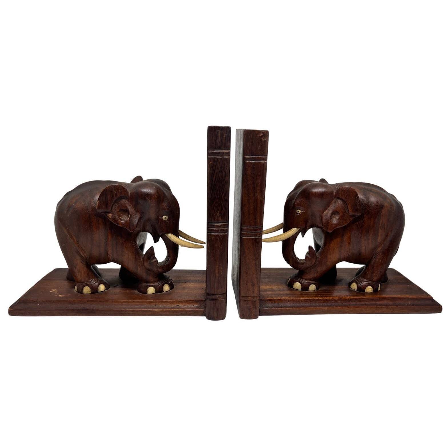  Vintage Wooden Bookends Hand Carved Elephant Bookends