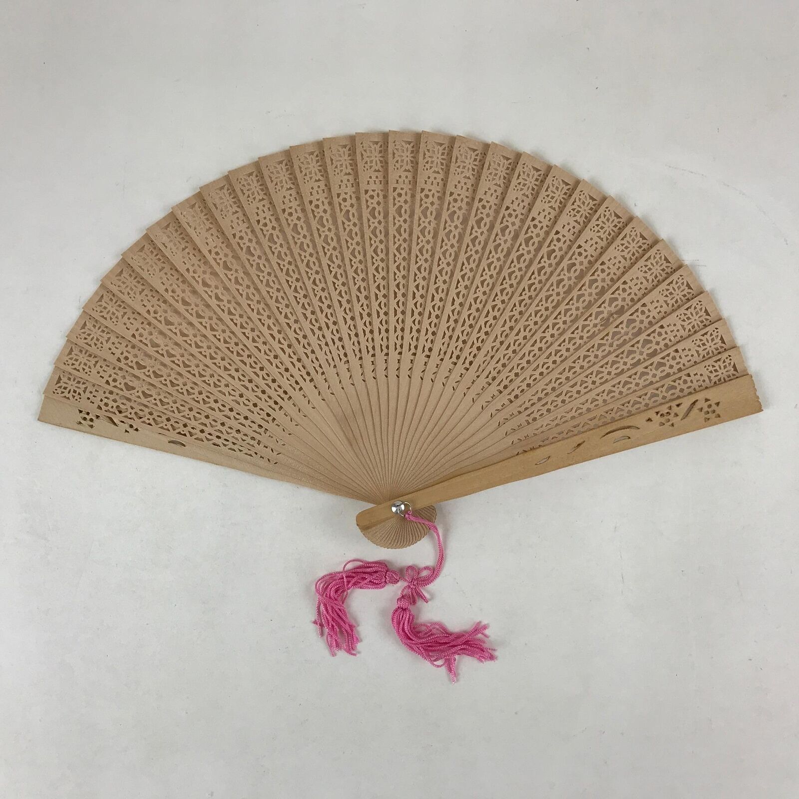 Chinese Carved Santal Wood Folding Fan Vtg Round Geometric Pink Tassel 4D715