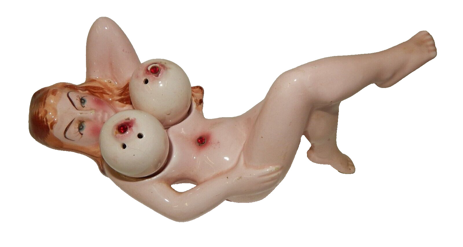 Vtg Full Body Naughty Naked Lady Jeweled Boobs & Belly Button Salt Pepper Shaker