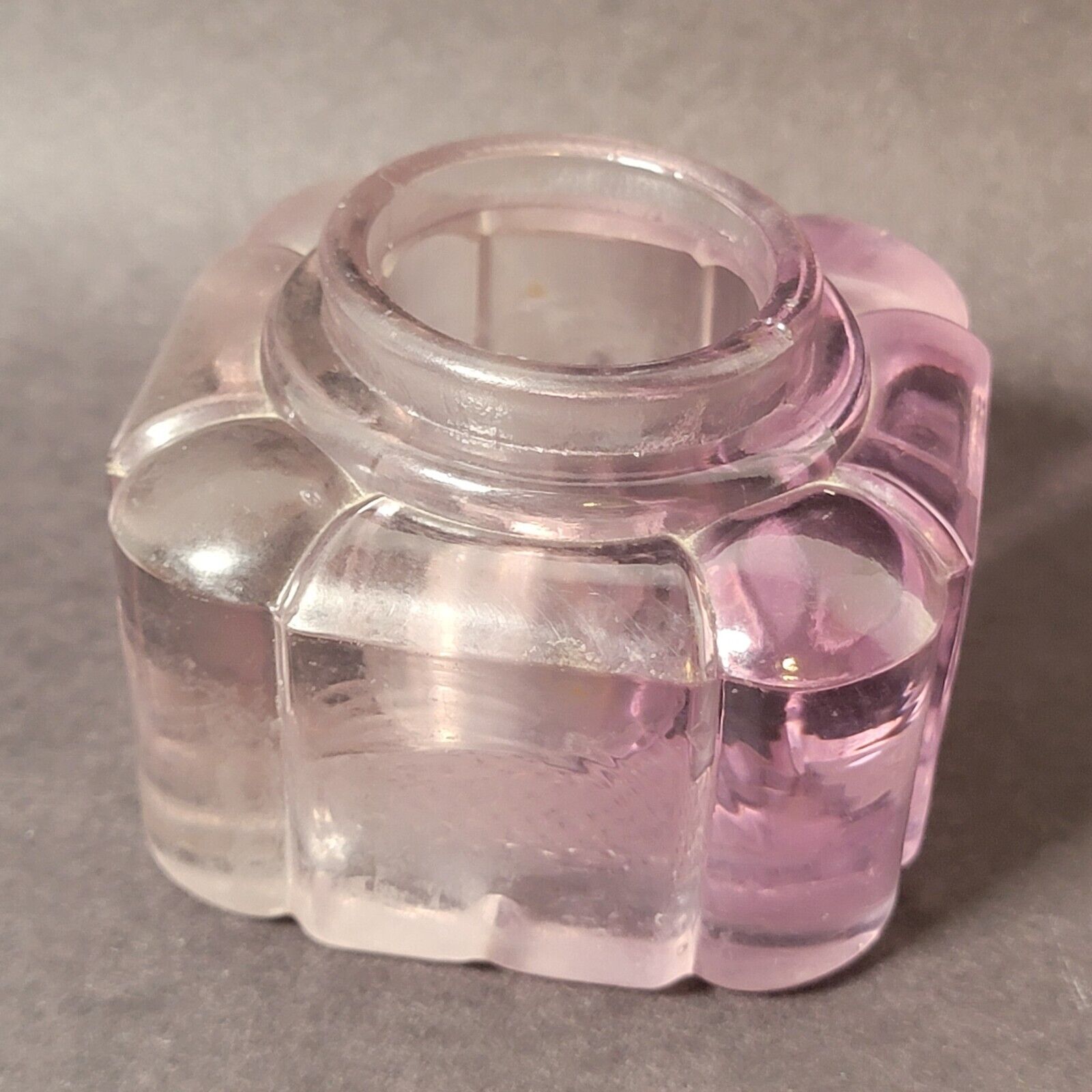 Vtg Fancy Ink Well Half Purple Half Clear Ribbed Pressed Glass Heavy Weight 