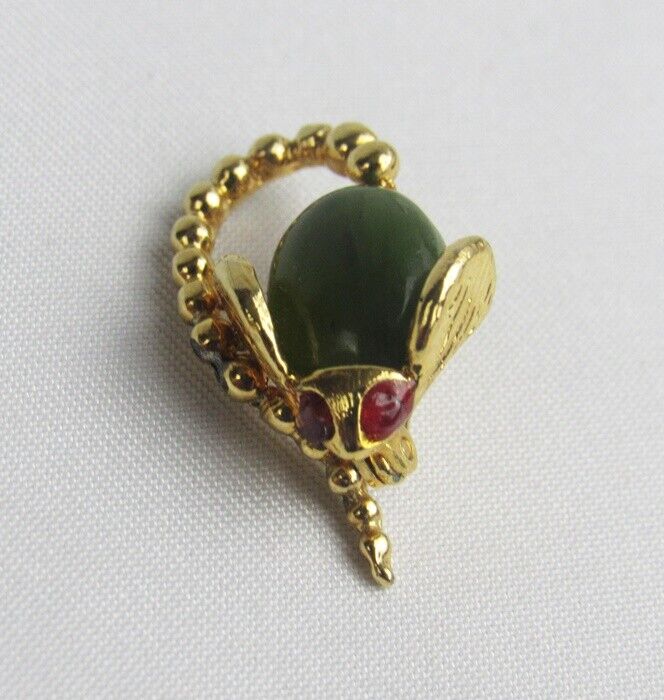 Vintage Gold Metal Faux Jade Ruby Tiny Mouse with Beaded Tail Brooch Pin - Cute