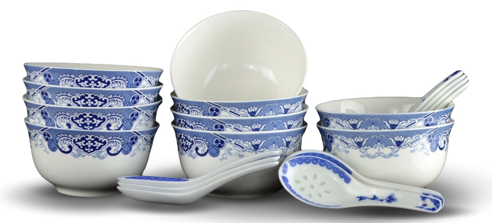10 Pcs Fine Bone China Blue and White Chinese Soup Bowls Ceramic Porcelain Bo...