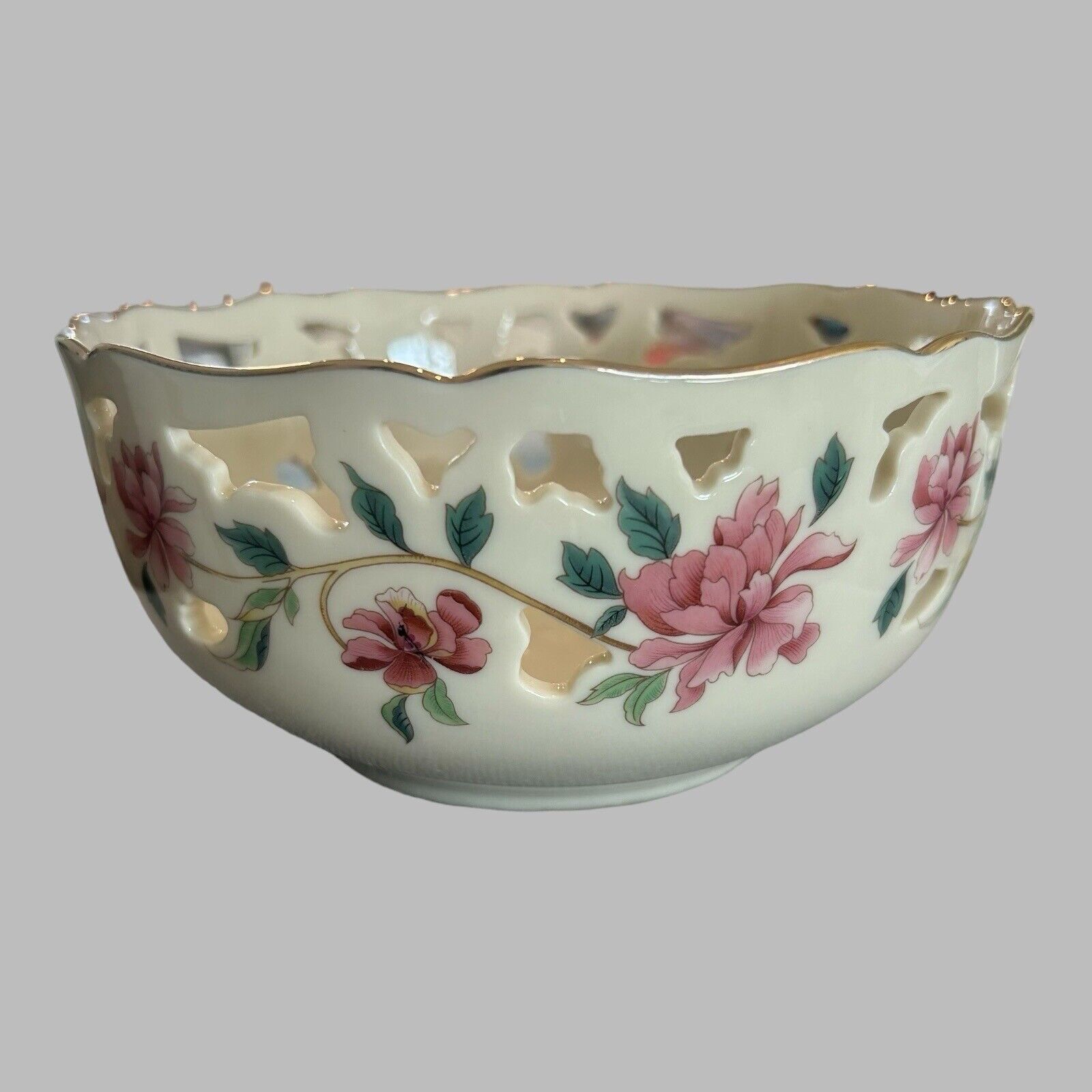 Lenox Barrington Pierced Bowl Vintage Gold Trim Pink Flowers Pot Pourri Holder