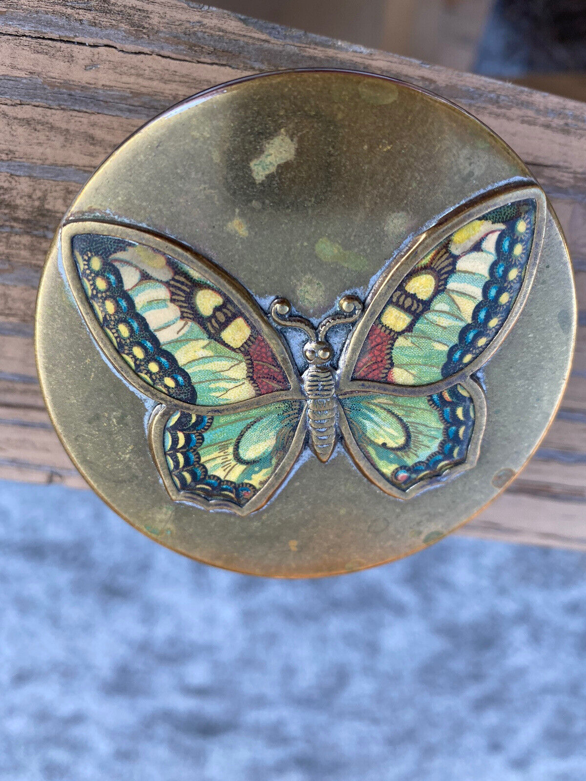 SOLID BRASS BOX WITH DECORATIVE ENAMELED BUTTERFLY ON TOP 2 3/4\