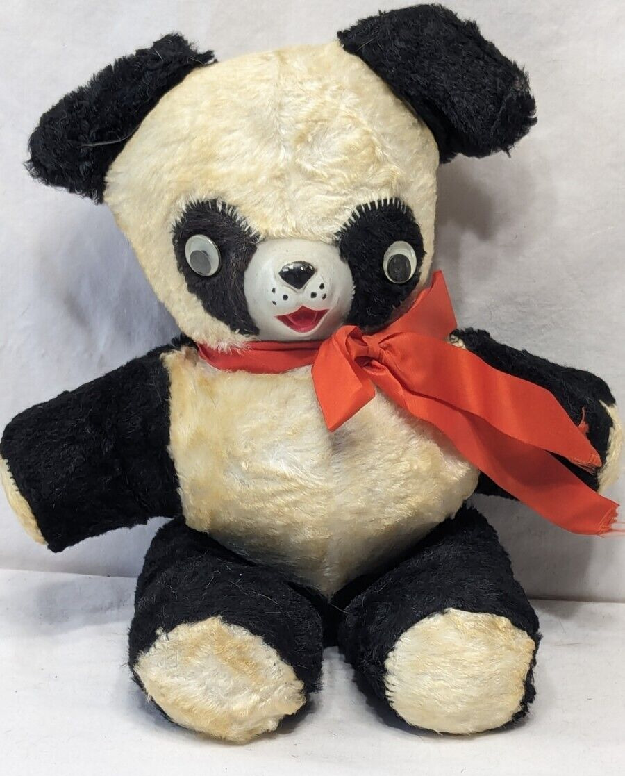 Very Old BLACK & WHITE PANDA BEAR - Rubber Nose & Ribbon Bow 12\