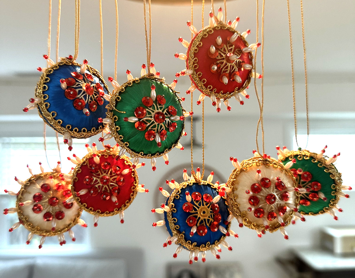 Lot of 8 Vtg Handmade Bead Push Pin Sequin Pearl Satin Christmas Ornaments