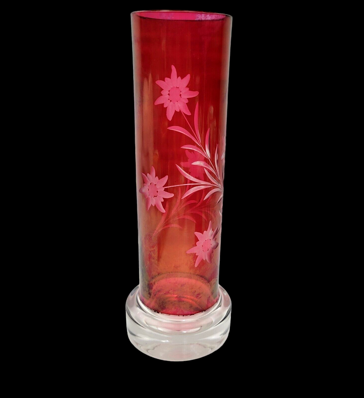 Bohemian Crystal Vase Cranberry Flashed  Etched Flowers Cut to Clear Cylinder 9\