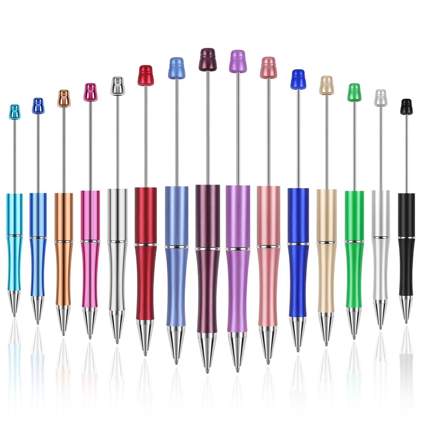 15 PCS Beadable Pens, Beadable Pens Bulk Colored Plastic, Black Ink Beaded Pe...