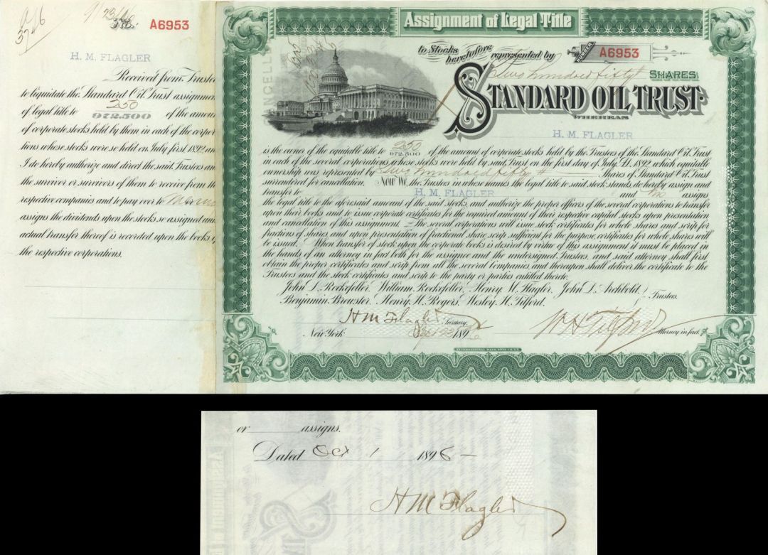 Standard Oil Trust issued to and signed by H.M. Flagler - Autographed Stock Cert