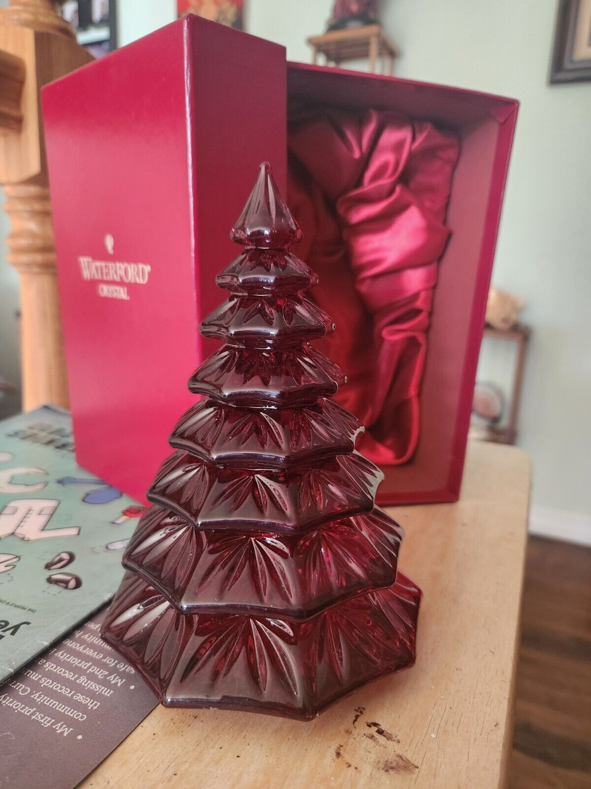 Waterford Original Lead Crystal Red Sculpted Christmas/Evergreen Tree 6.5”tall