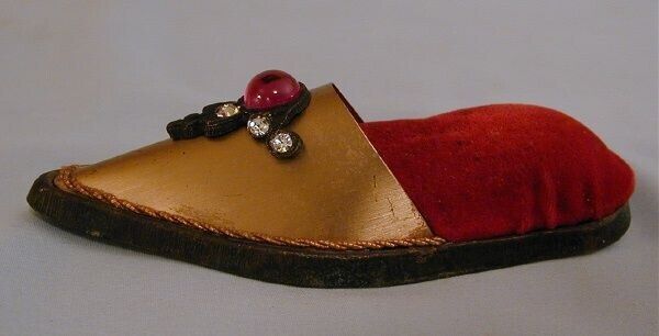 Antique Pincushion Jewel Encrusted Brass Slipper Red Colored Cushion