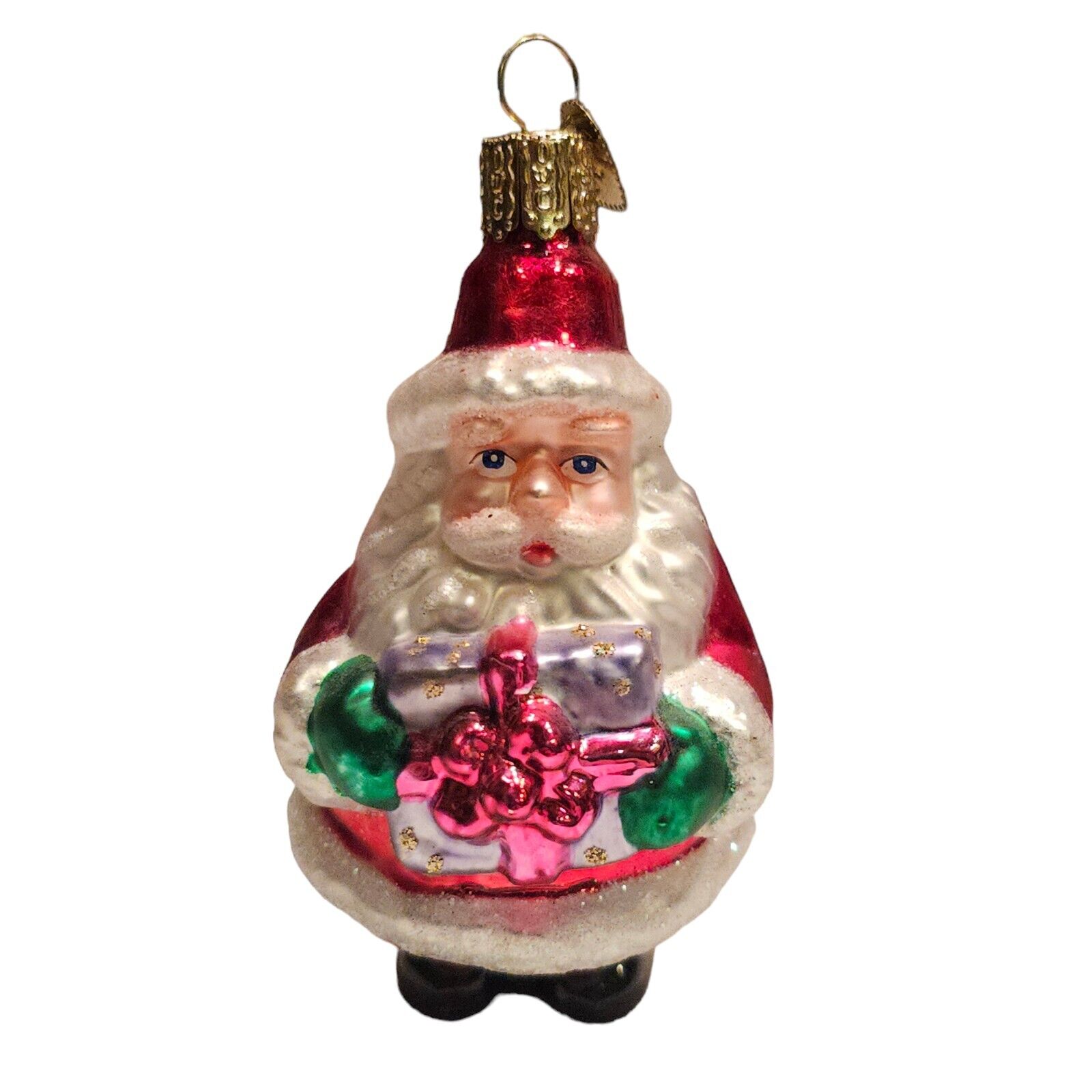 Retired Old World Christmas Santa Holding Gift Present Glitter Glass Ornament