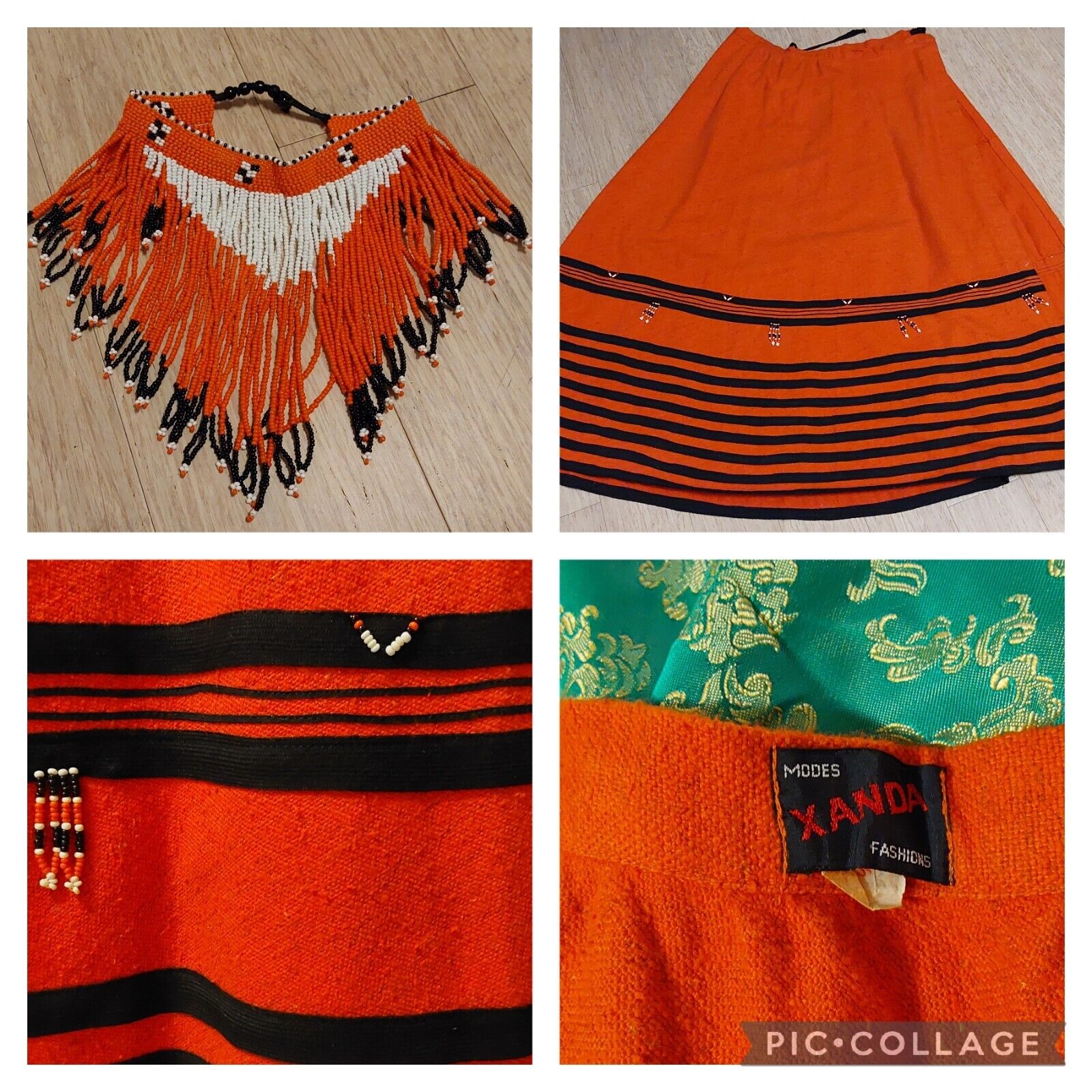 Vintage 1970s Womens South African Zulu Orange Wool Wrap SKIRT & Beaded Necklace