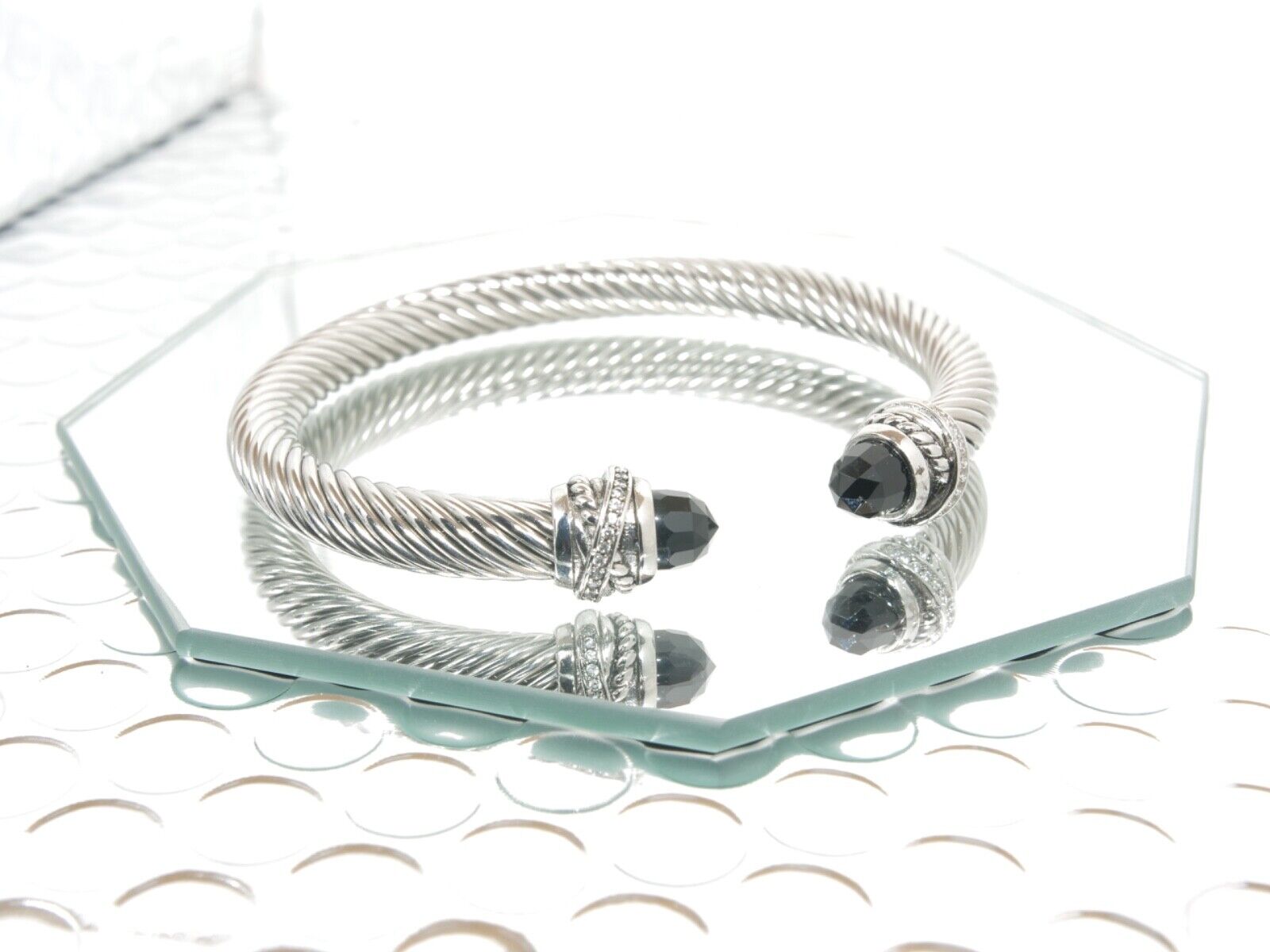 David Yurman 7mm Cable CROSSOVER Bracelet & 925 Silver Black Onyx & DIAMOND M
