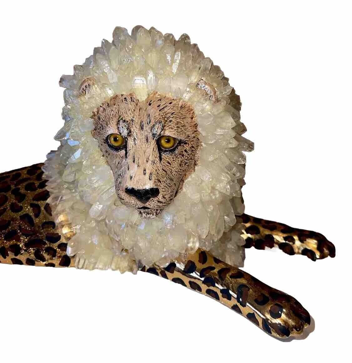 RARE MCM Gold Ceramic Leapord Lion CAT Figurine Adorned Geode Crystals 17”