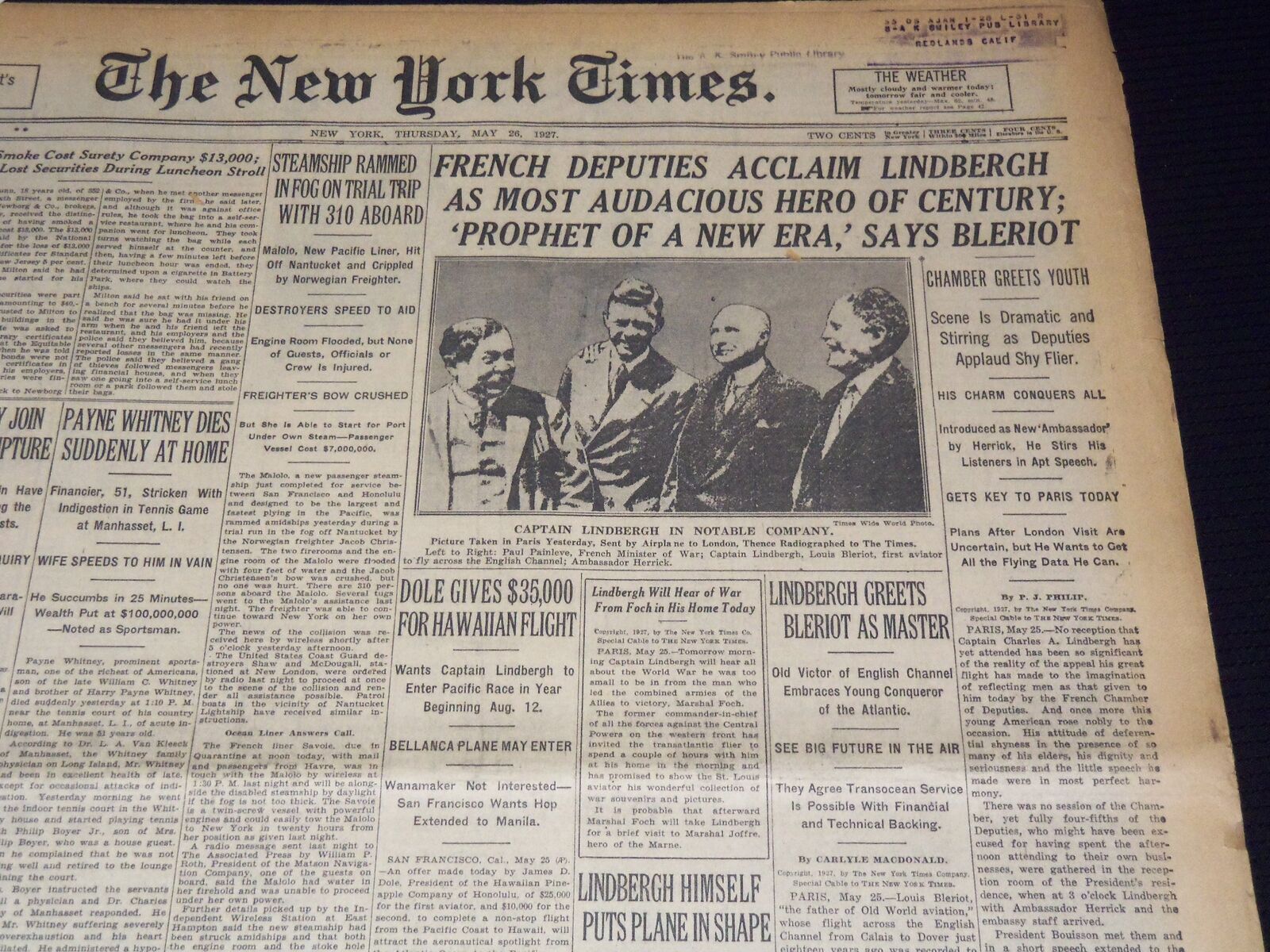 1927 MAY 26 NEW YORK TIMES NEWSPAPER - LINDBERGH HERO OF CENTURY - NT 9554
