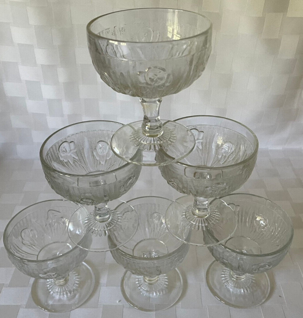 Set of 6 ~ Vintage IRIS CLEAR Jeannette Glass CHAMPAGNE TALL SHERBET Depression