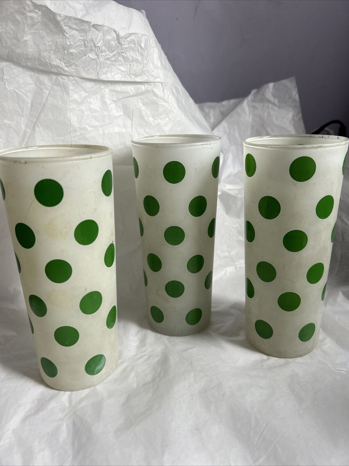 (3)Fire King Anchor Hocking Tall Frosted Green POLKA Dot Glass Tumbler Glasses