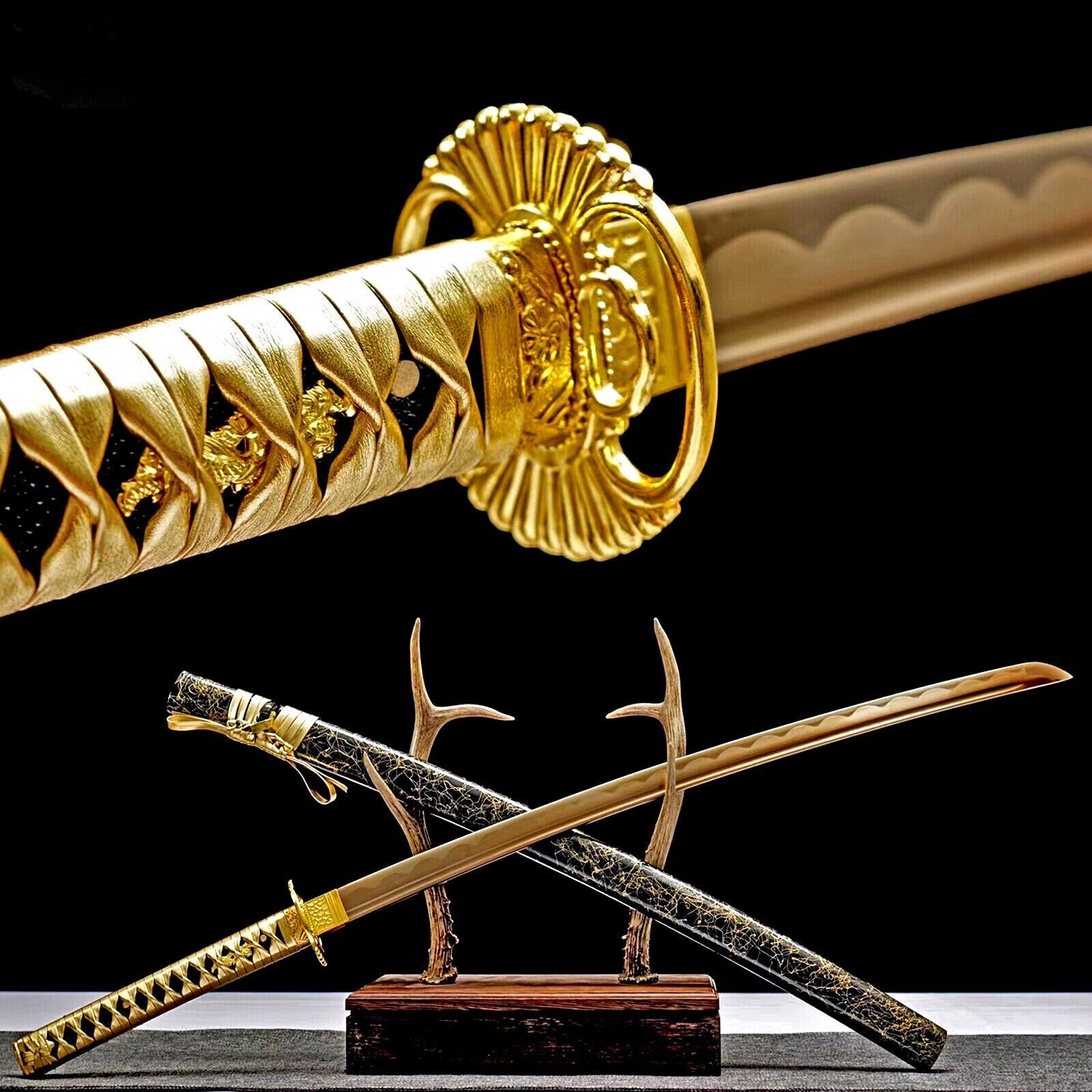 Gold Katana 1095 Carbon Steel Battle Ready Japenese Samurai Sharp Fulltang Sword