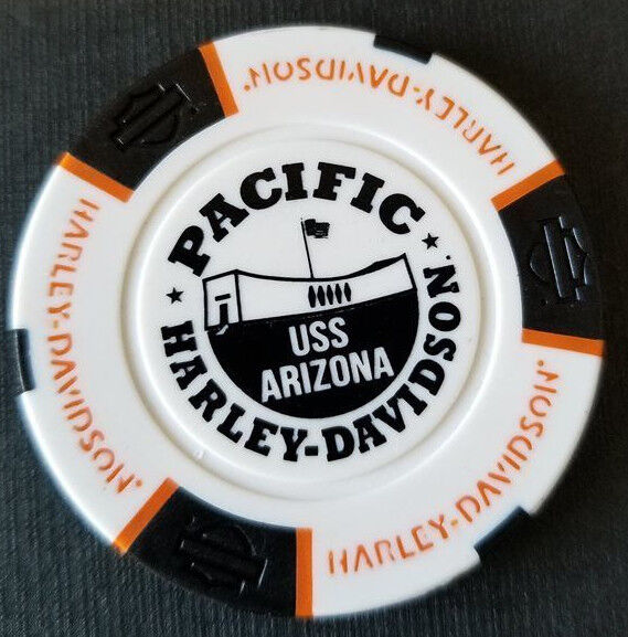 PACIFIC HD~Hawaii ~ USS ARIZONA (White/Black/Orange) Harley Davidson Poker Chip