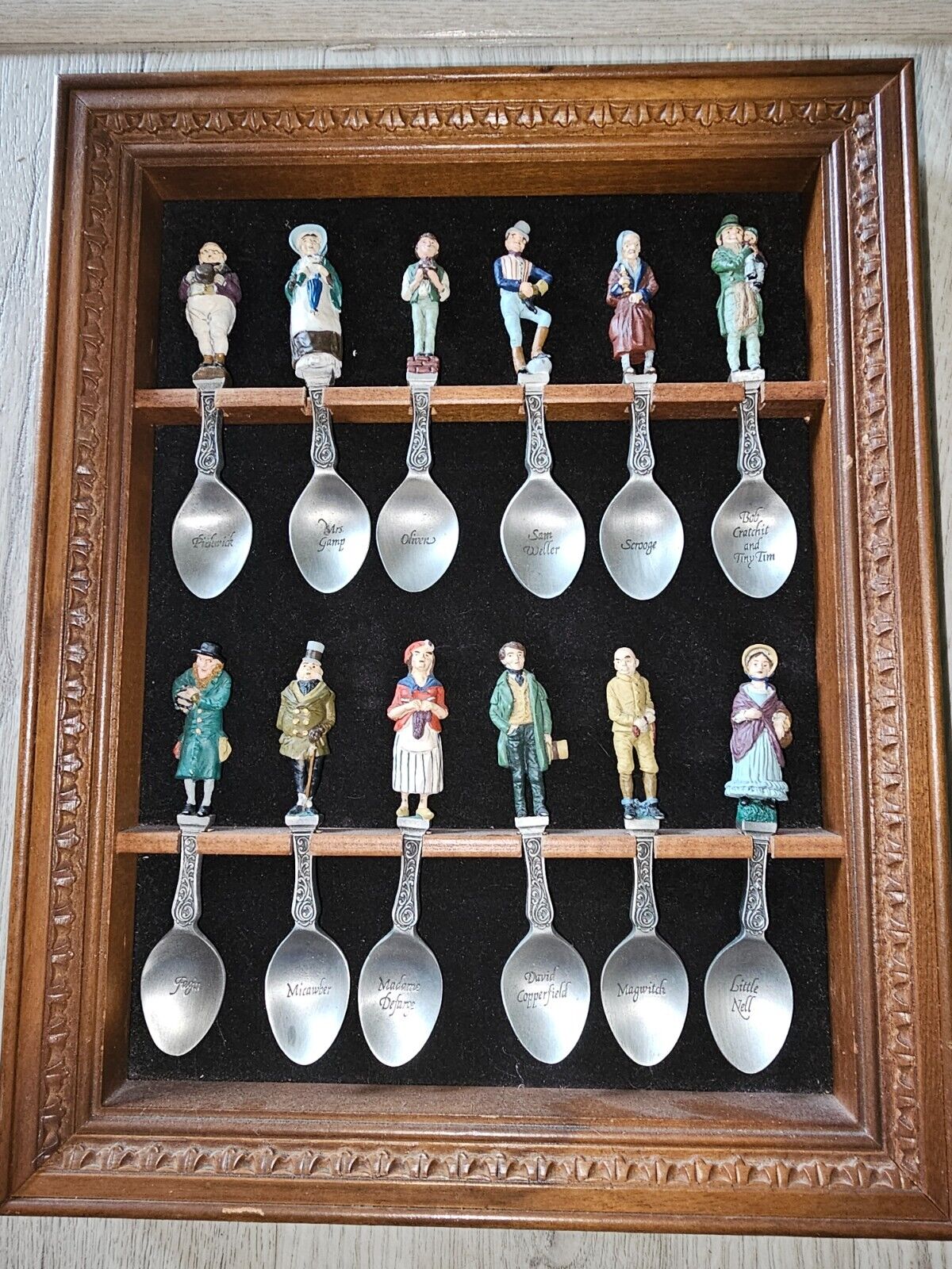 Franklin Mint Charles Dickens Pewter Spoon Set In Display Case 12 Characters