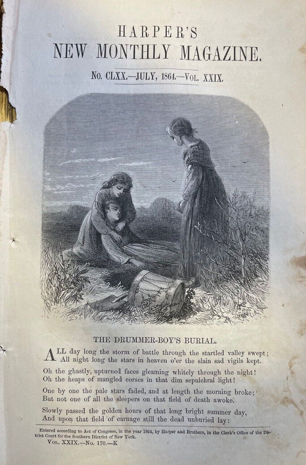 1864 Vintage Magazine Illustration Poem The Drummer Boy\'s Burial Civil War