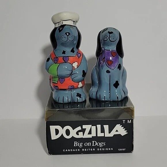 NIB Dogzilla Salt and Pepper Shakers Chef Dogs by Candace Reiter Designs