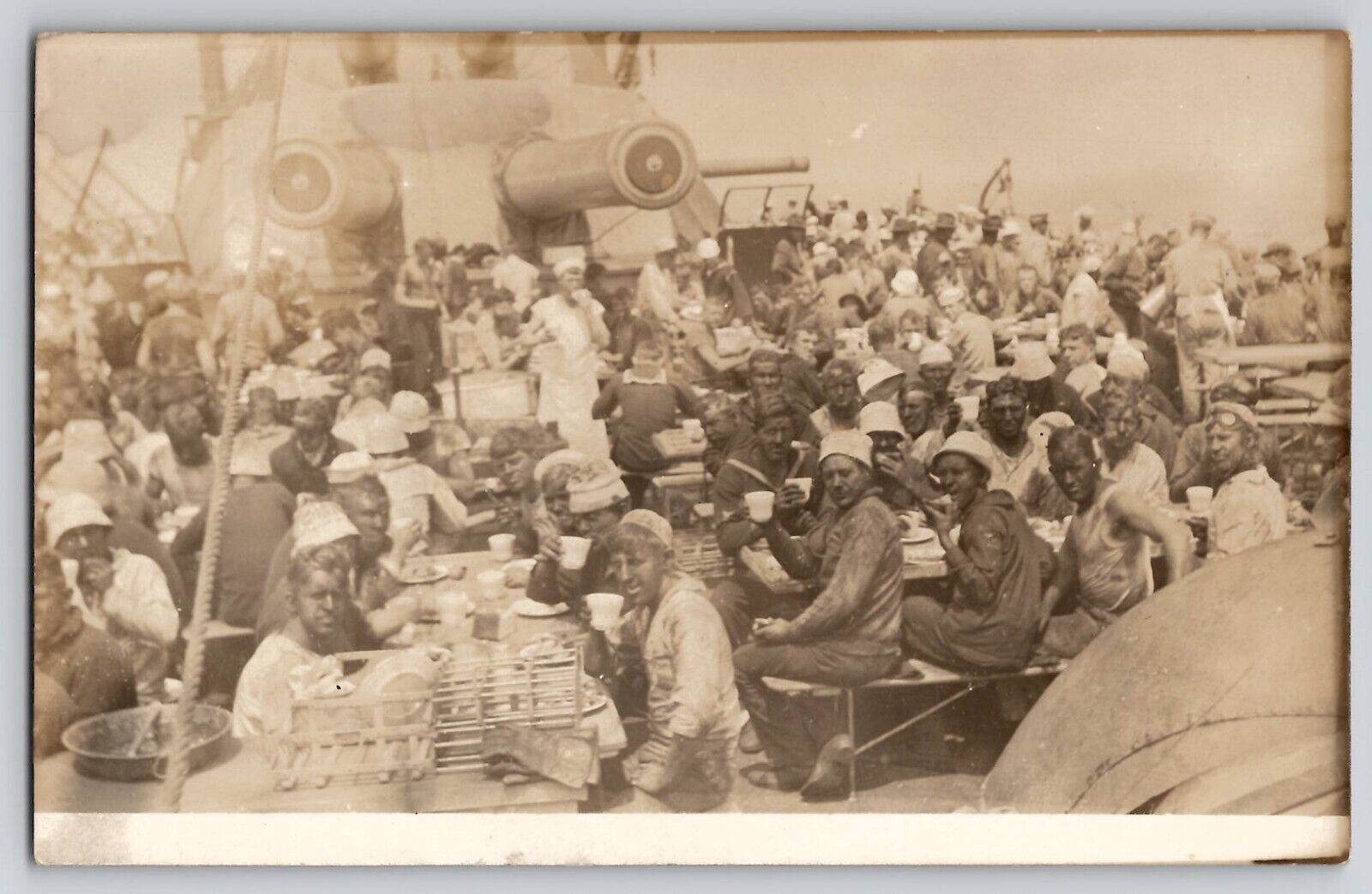 Feeding Prisoners of War on Battleship Deck WWI WW1 RPPC Real Photo Postcard