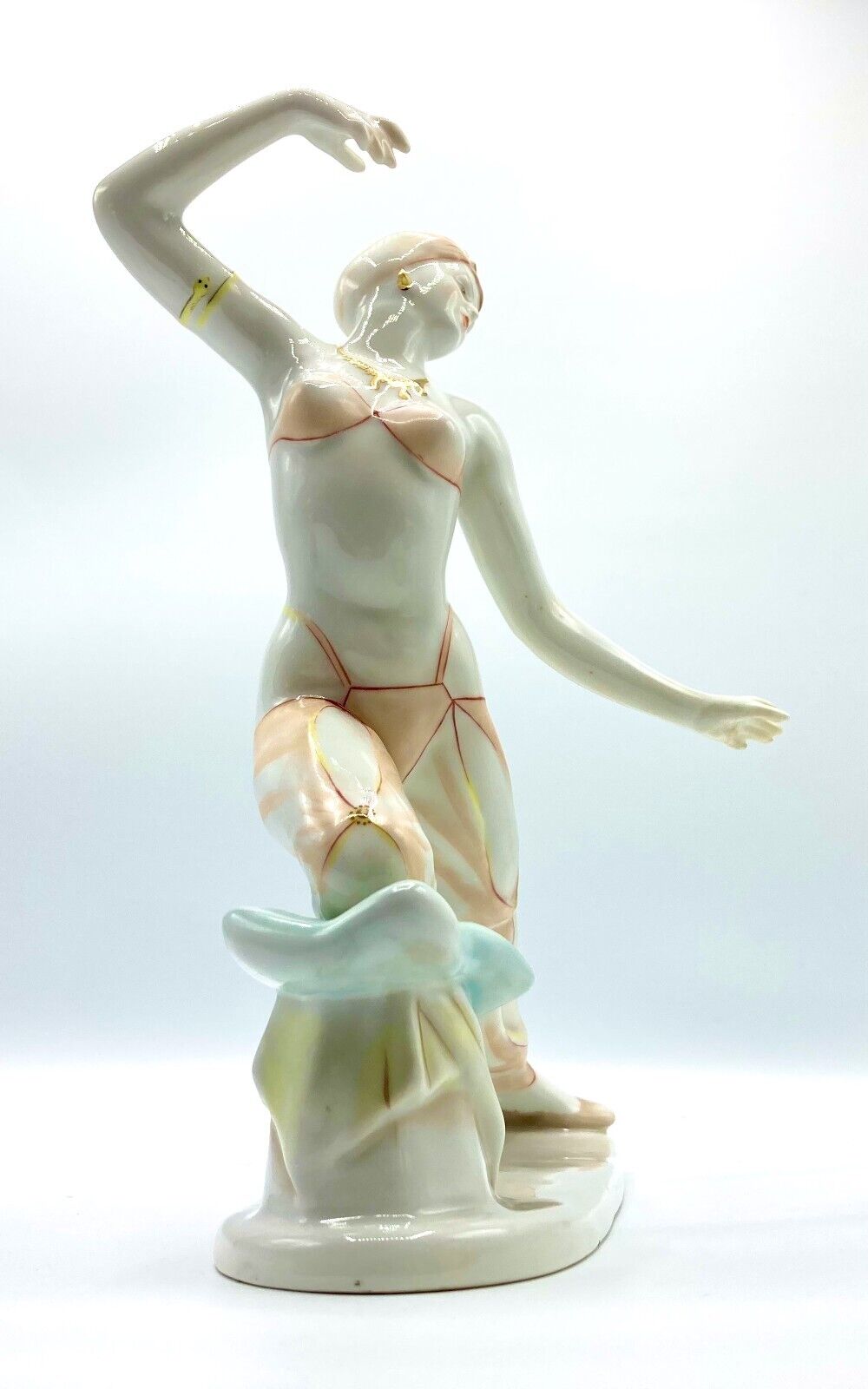 Vintage Exotic Dancer Fine Porcelain Sculpture Hollohaza Hungary, MCM Harem Lady