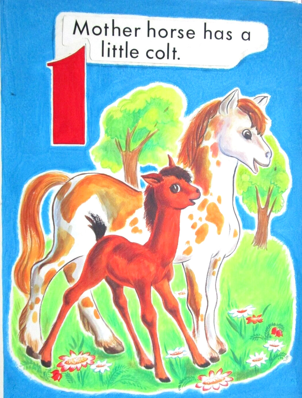 1950s HORSE - COUNT THE ANIMALS ORIGINAL drawing art CHILDREN\'S BOOK PAINTING